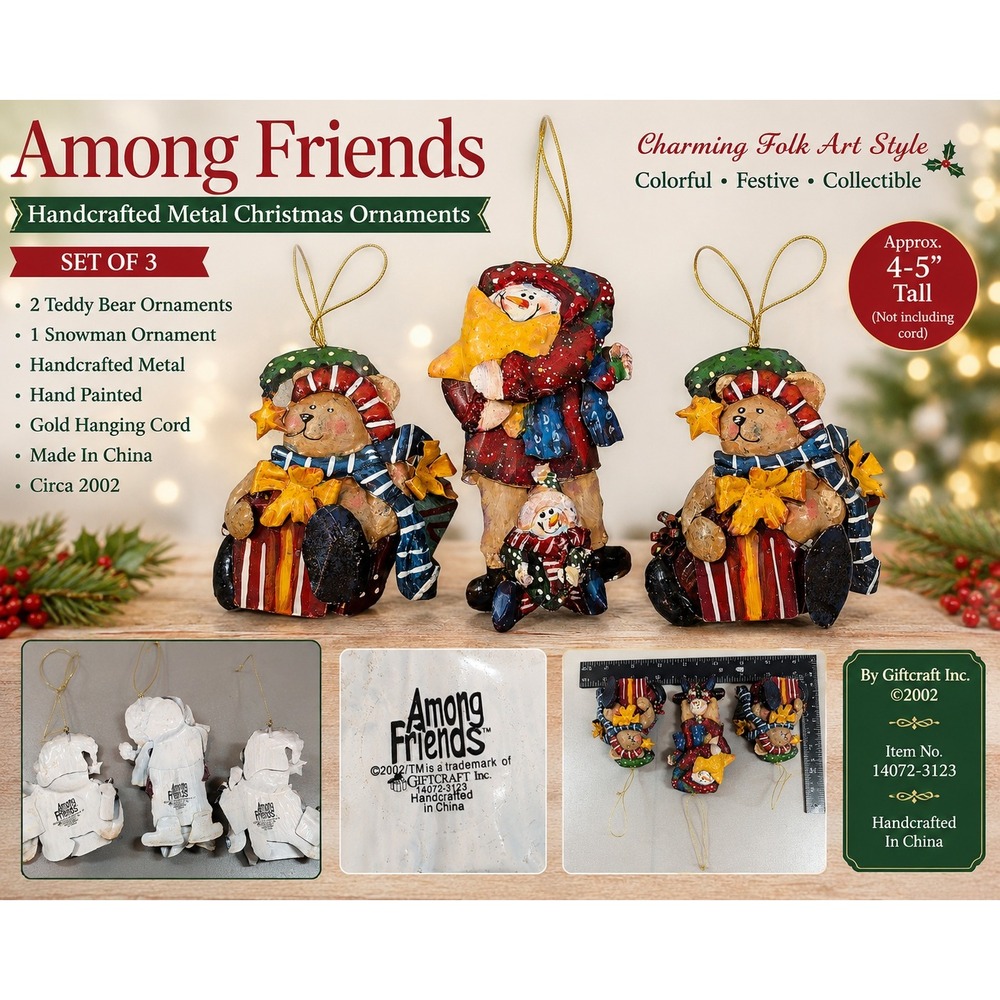 Among Friends Giftcraft Handcrafted Metal Christmas Ornaments Set 3 14072-3123
